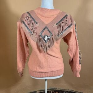 Pioneer Wear Western Fringe Sweater Womens Small Leather Suede Trim Pink Vintage